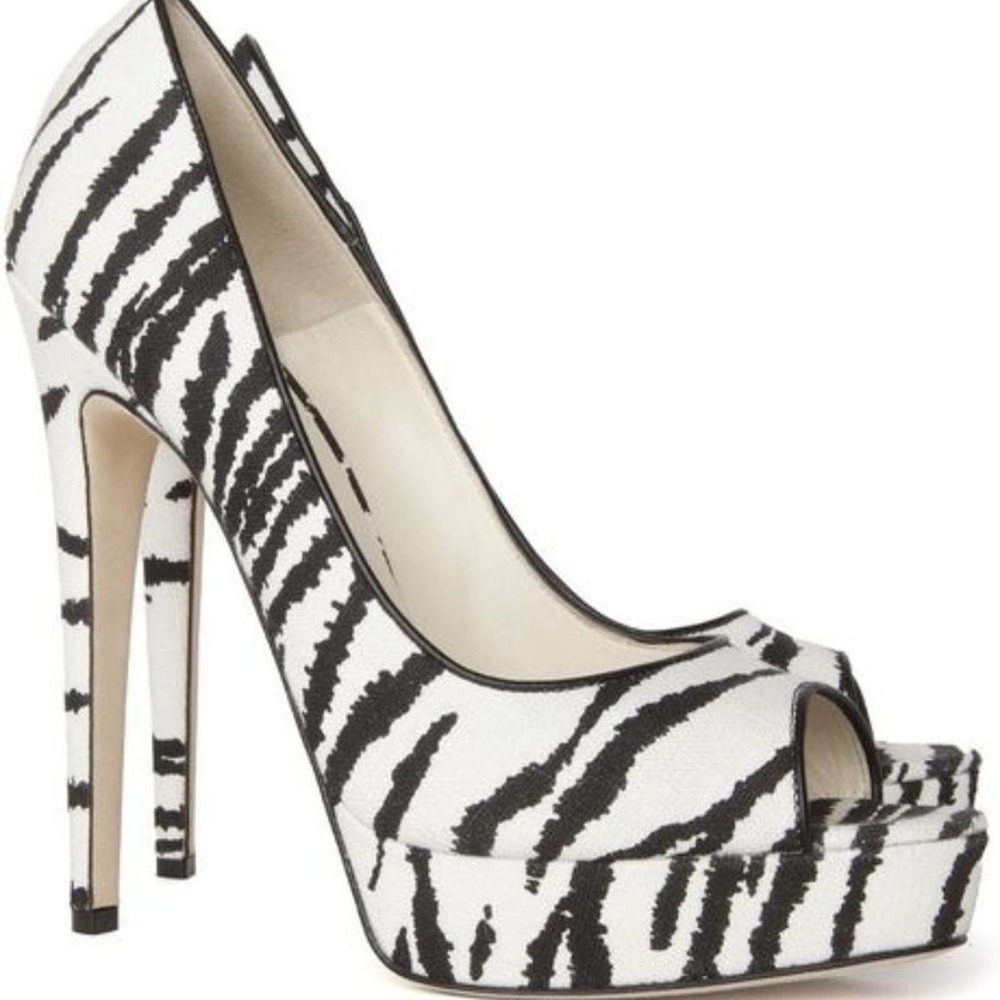 Brian Atwood Linen Zebra Print Open Toe Pump - image 7